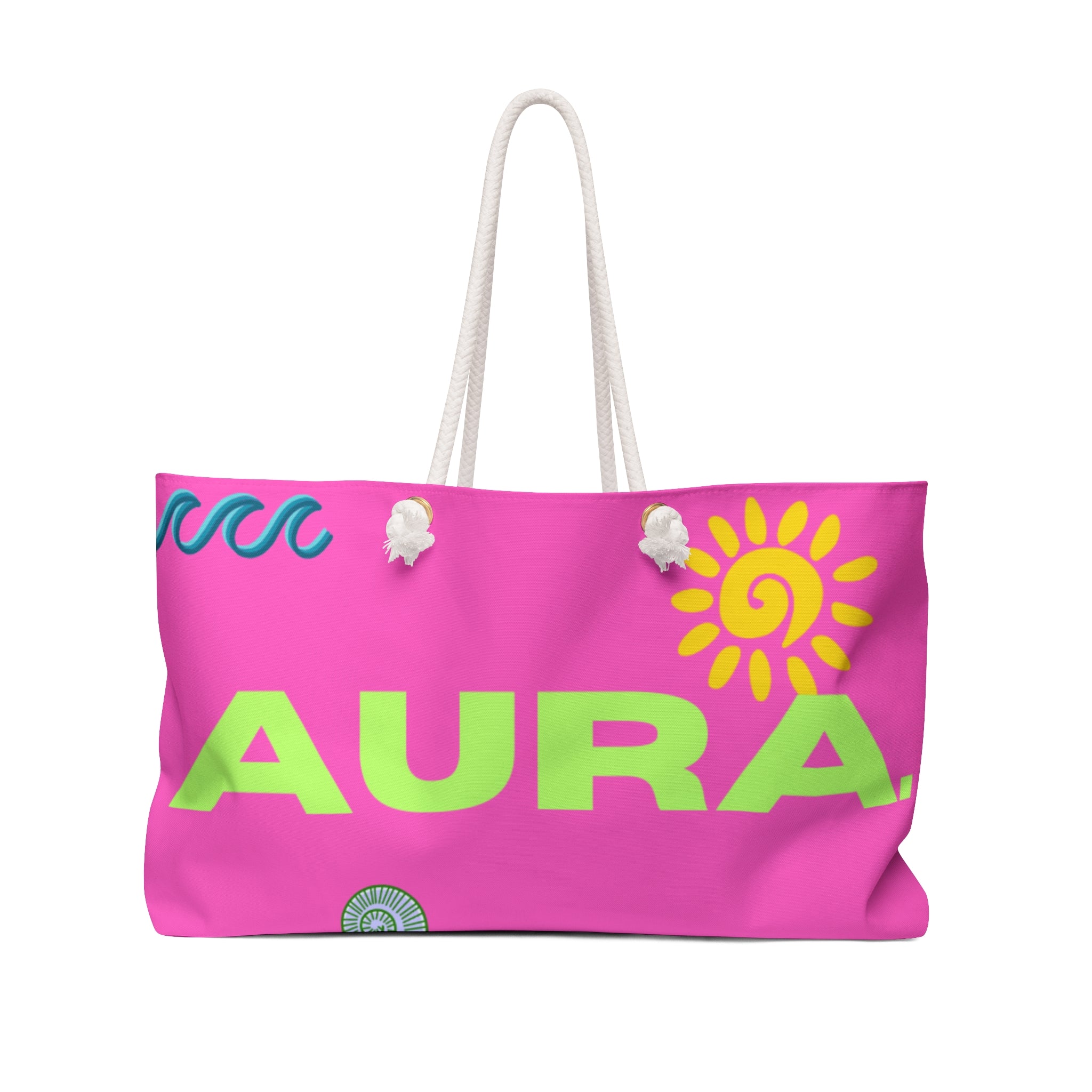 Aura Pink Weekender Bag — Bright Beach Tote with Sun & Waves Design