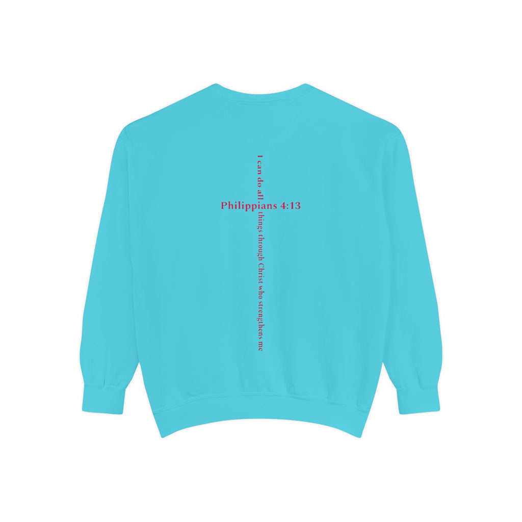 Positive Hearts Sweatshirt — "Positive Hearts" Graphic Crewneck with Philippians 4:13 Cross Back