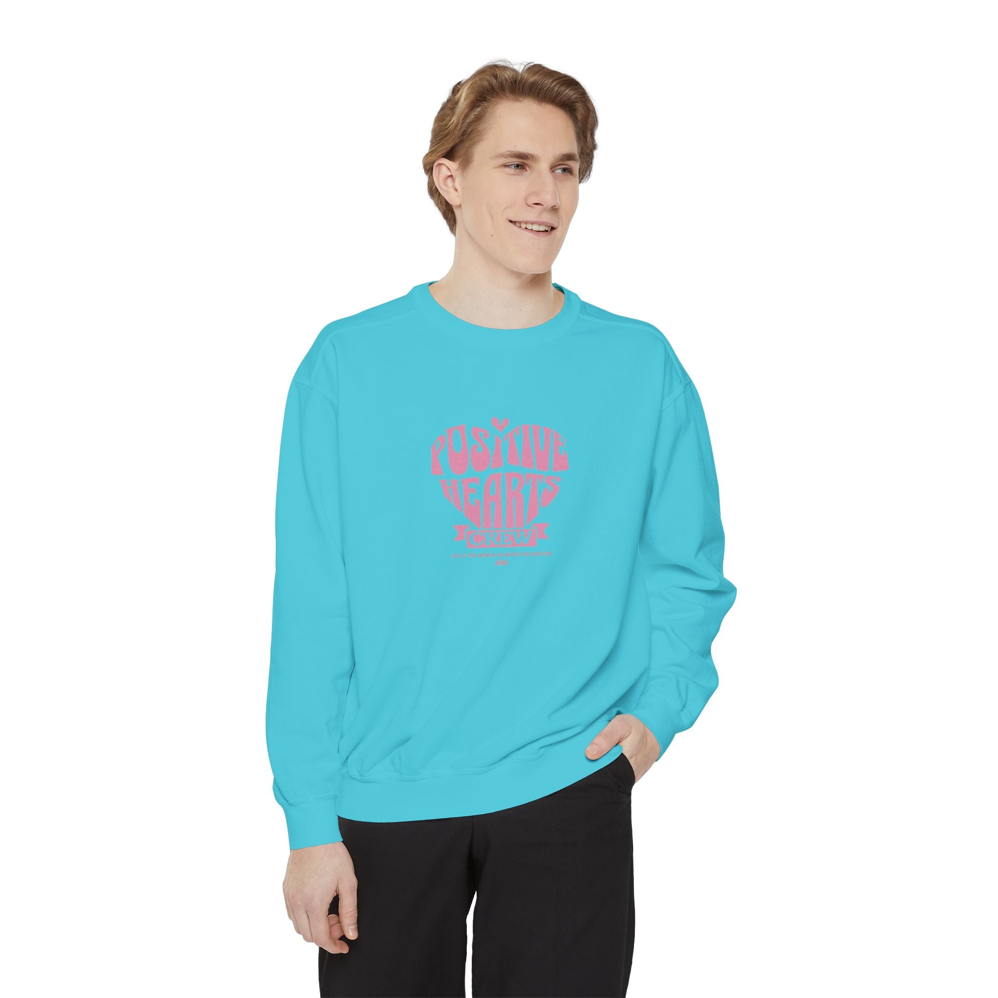Positive Hearts Sweatshirt — "Positive Hearts" Graphic Crewneck with Philippians 4:13 Cross Back