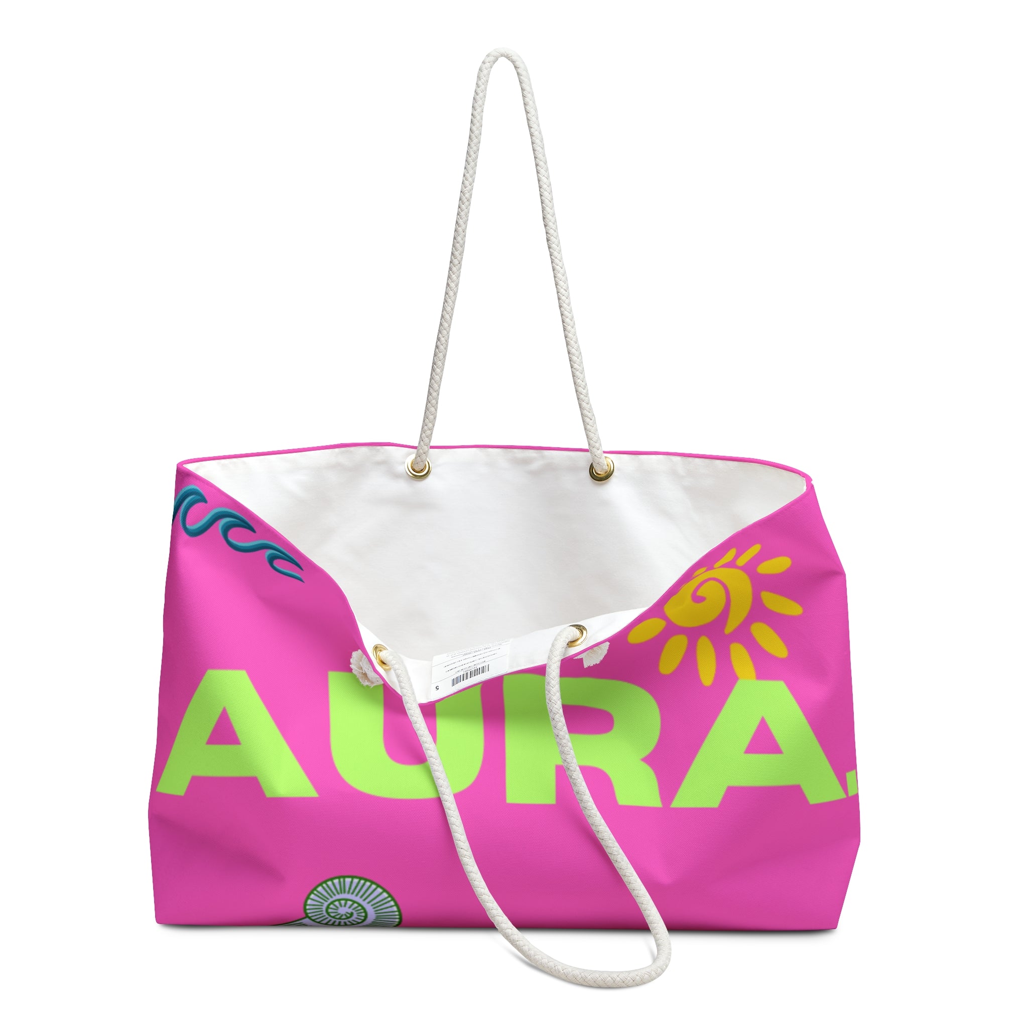 Aura Pink Weekender Bag — Bright Beach Tote with Sun & Waves Design